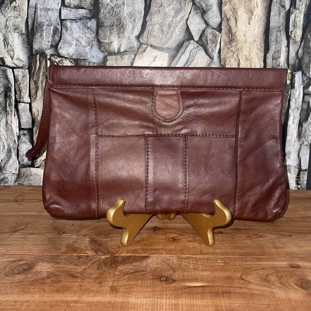 Vintage Brick Red Leather Patchwork Clutch‎ Clamp Purse Retro 70's 80's